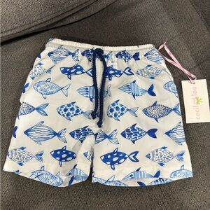 Cecil & Lou Kids Swim Trunks with Blue Fish Design